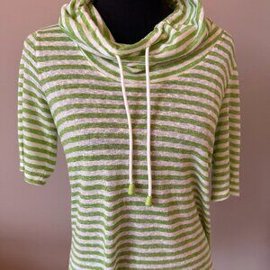 Pure Essence Green & White Striped Short Sleeve Funnel Neck Small
